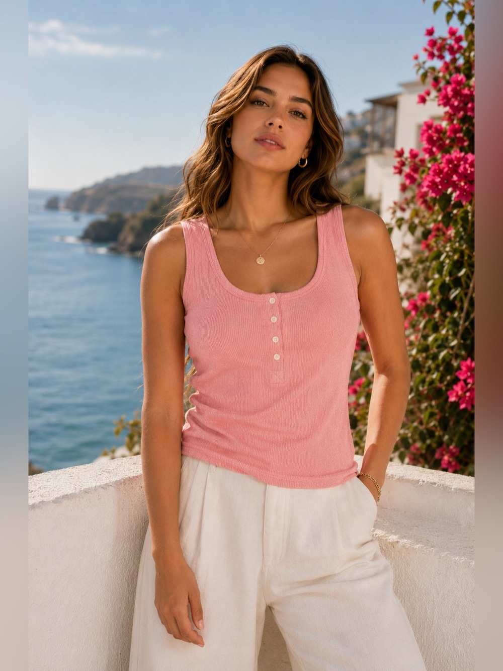AERIE Real Soft Ribbed Henley Tank Top Coral Pink Sleeveless Stretch Knit Sz L